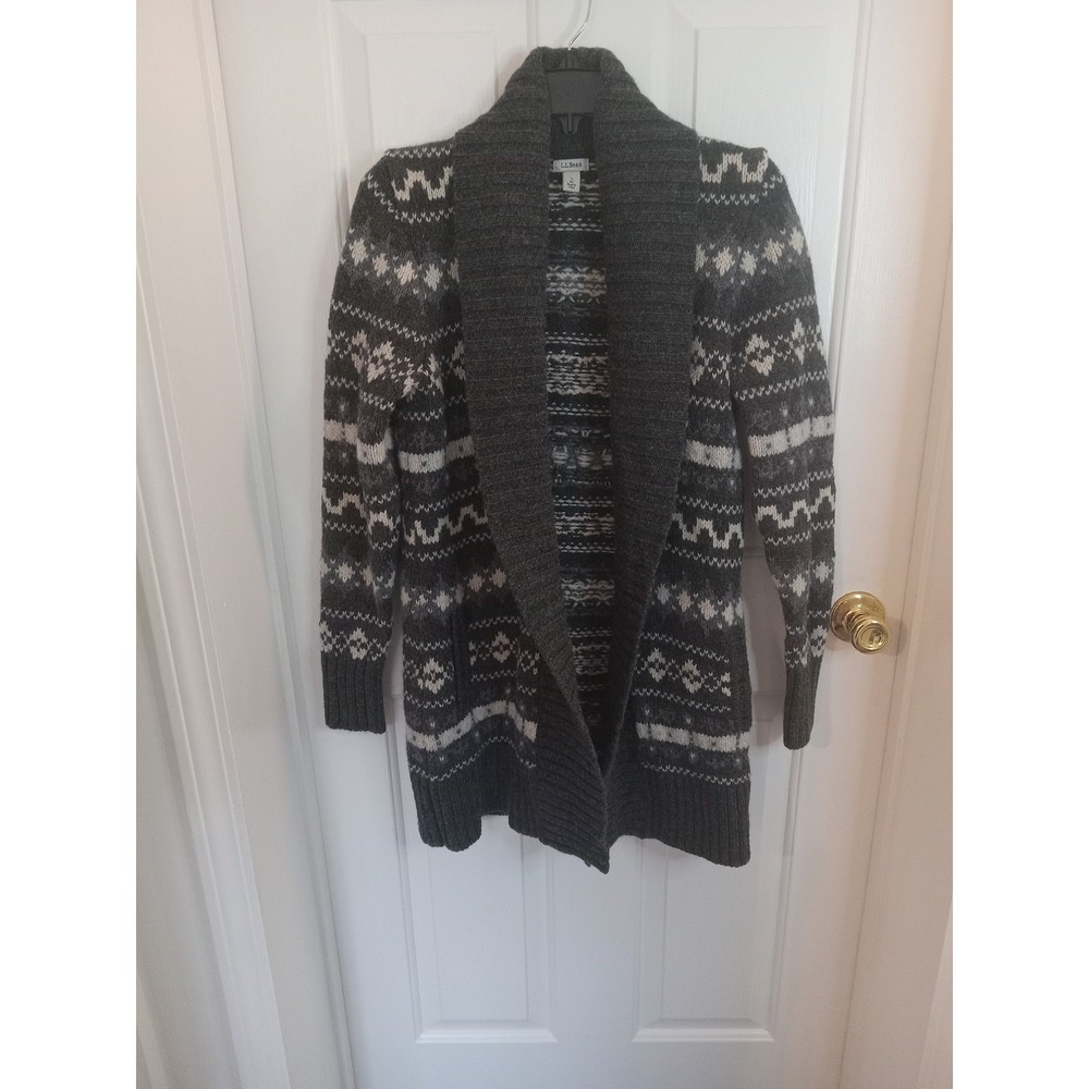 L.L. Bean‎ 100% Lamb's Wool Cardigan Fair Isle Gray Long Women's Small 509005